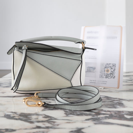 Loewe Mini Puzzle Leather Shoulder Bag White/Ash Grey/Marble Green
