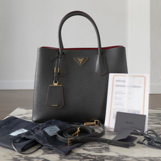 Prada Black/Fiery Red Medium Double Saffiano Cuir Leather Bag 1BG775