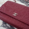 CHANEL Red/Maroon Camellia Embossed Lambskin WOC Silver HW w/ Zeko's COA