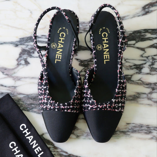 NWOB CHANEL Pink/Black Multicolor Tweed Grosgrain Cap Toe Slingback Pumps EU 36