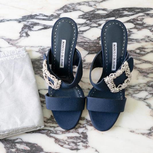 Manolo Blahnik Navy Gable 90 Jewel Buckle Mules EU 36