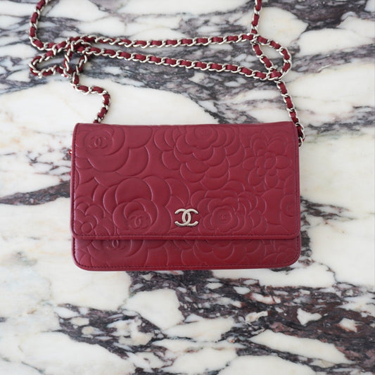 CHANEL Red/Maroon Camellia Embossed Lambskin WOC Silver HW w/ Zeko's COA