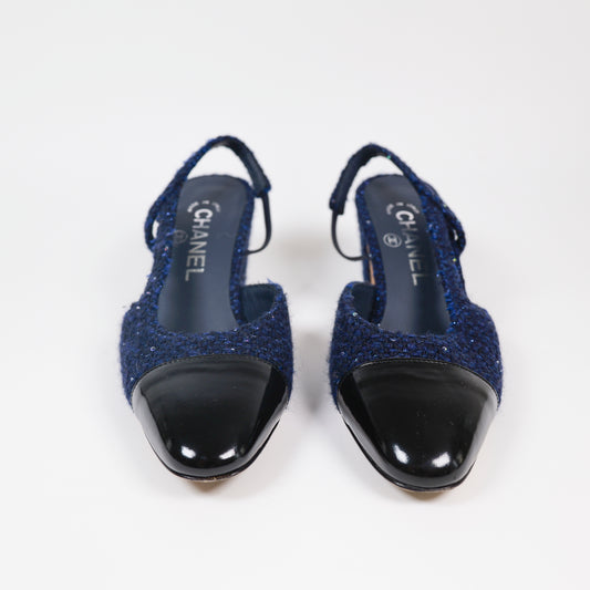 Chanel Navy Sequin Tweed Patent Cap Toe Slingback Pumps Size 36