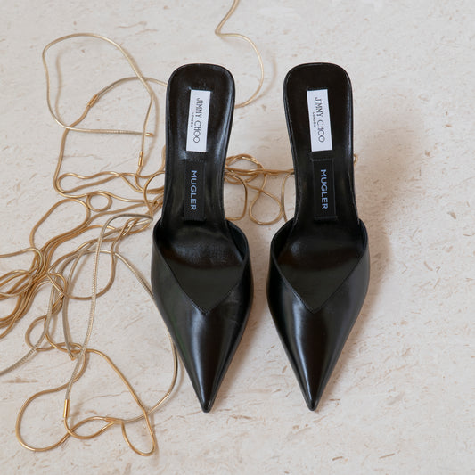 Jimmy Choo x Mugler Black Leather Chain Strap Pumps Size 37
