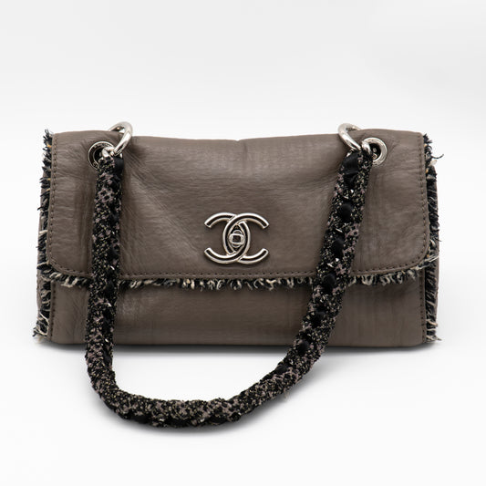 CHANEL Limited Edition 2009 Funny Tweed Taupe Leather and Tweed Flap Bag SHW