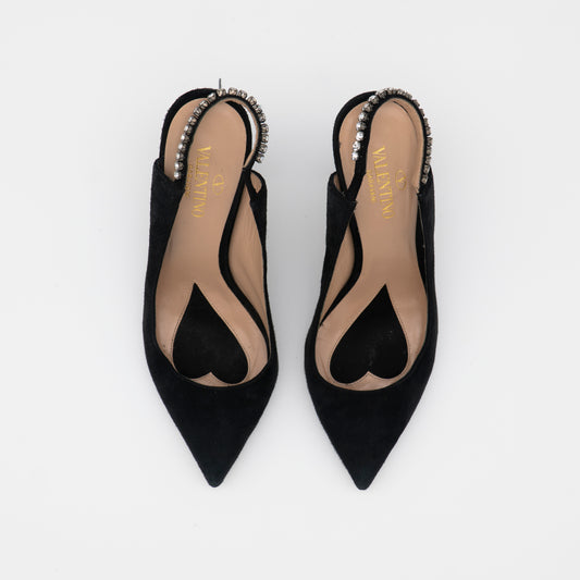 Valentino Garavani Suede Crystal Embellished Slingback Pumps Size 36