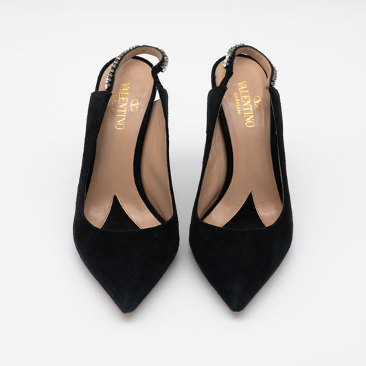 Valentino Garavani Suede Crystal Embellished Slingback Pumps Size 36
