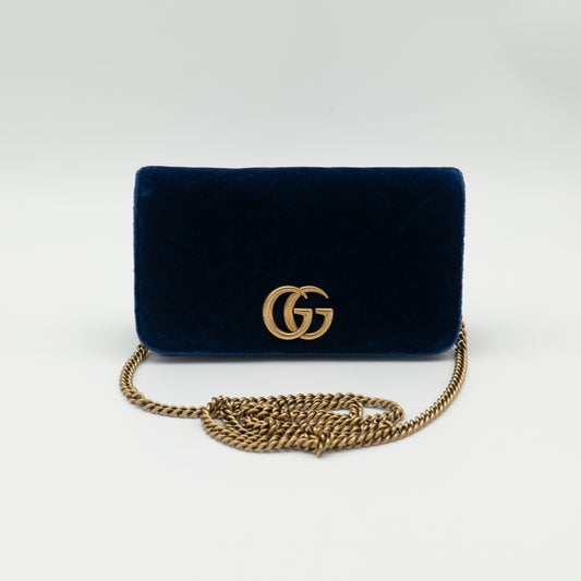 Gucci Velvet GG Marmont Mini Chain Flap Bag Blue