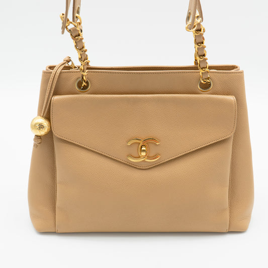 CHANEL Vintage Beige Caviar CC Turnlock Shoulder Bag 24K GHW A04566