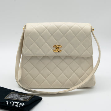 CHANEL Vintage Ivory Quilted Caviar CC Turn Lock Flap Bag 24K GHW