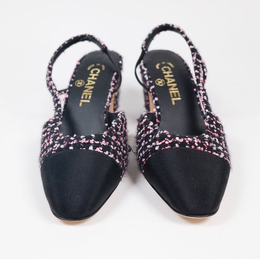 NWOB CHANEL Pink/Black Multicolor Tweed Grosgrain Cap Toe Slingback Pumps EU 36