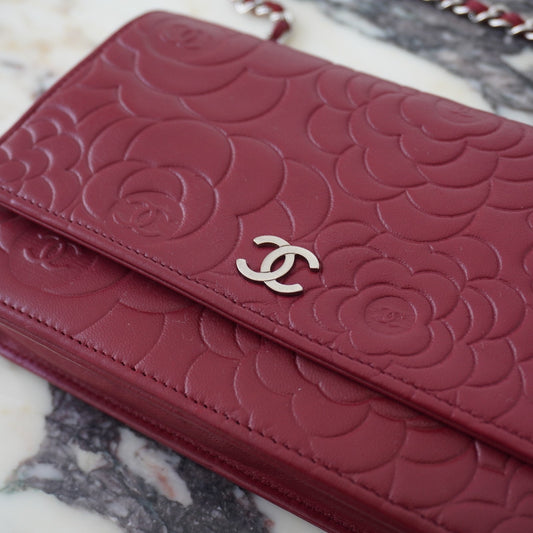 CHANEL Red/Maroon Camellia Embossed Lambskin WOC Silver HW w/ Zeko's COA