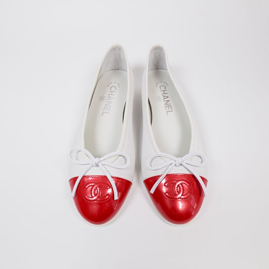 Chanel White Lambskin Red Patent CC Cap Toe Bow Ballet Flats EU 36