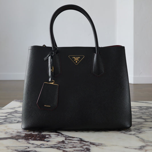 Prada Black/Fiery Red Medium Double Saffiano Cuir Leather Bag 1BG775