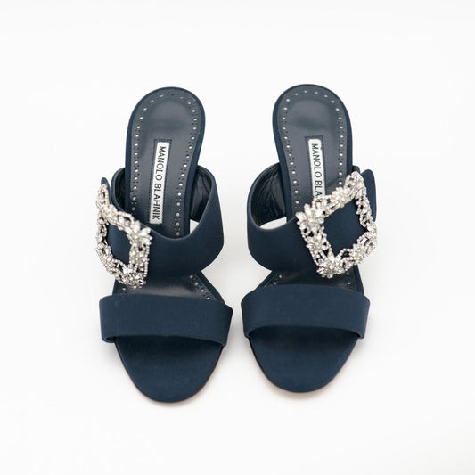 Manolo Blahnik Navy Gable 90 Jewel Buckle Mules EU 36