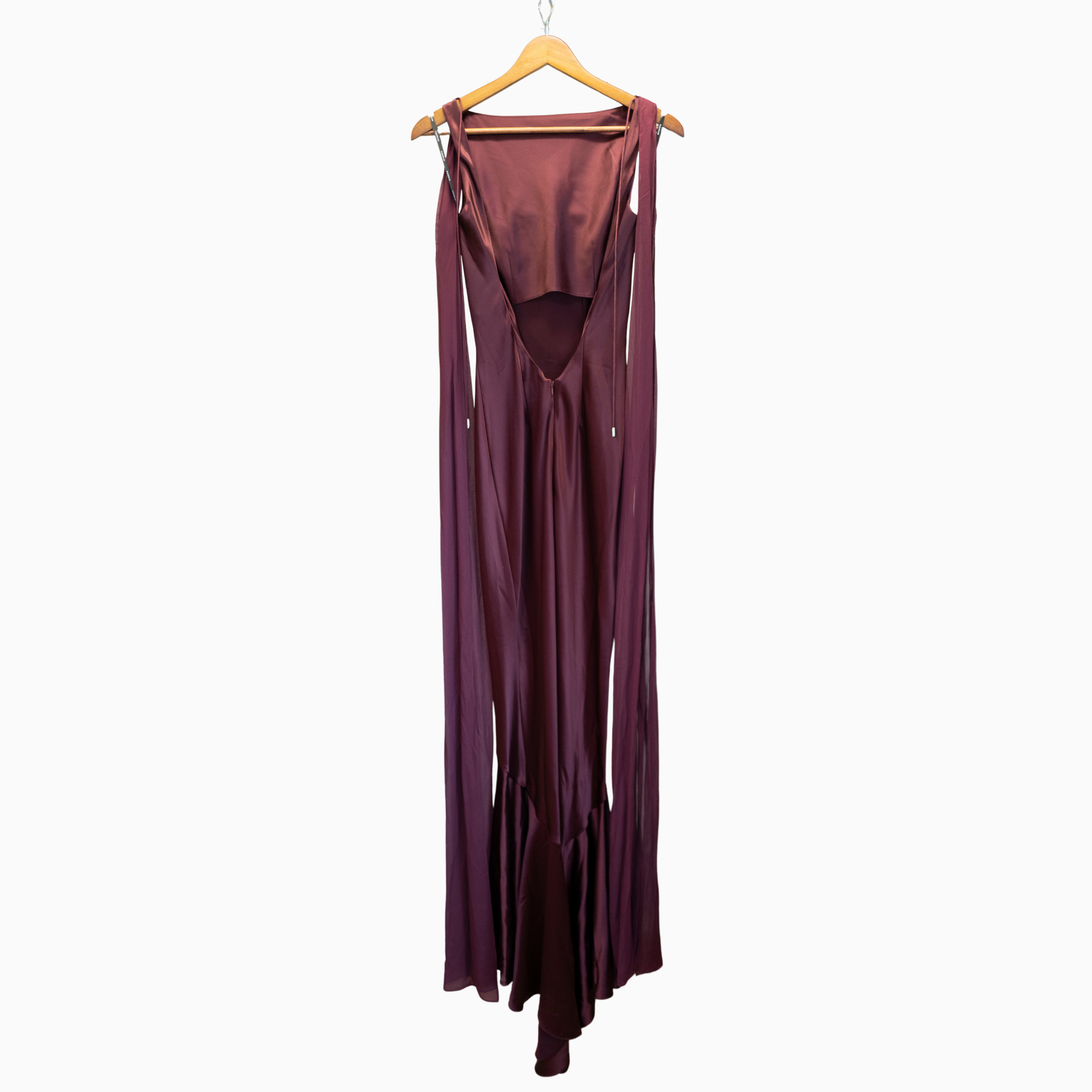 Maroon dress on a hanger against a white background