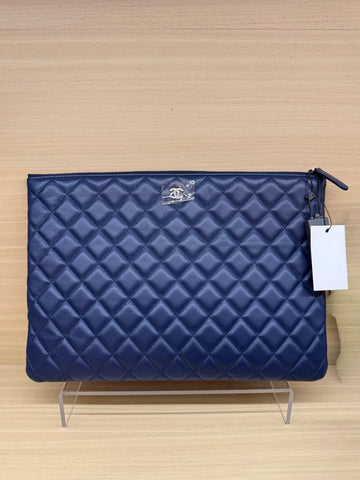 CHANEL Blue Lambskin Large Classic O-Case SHW