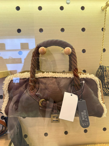 FENDI Selleria Suede Leather Shearling Trim Bag
