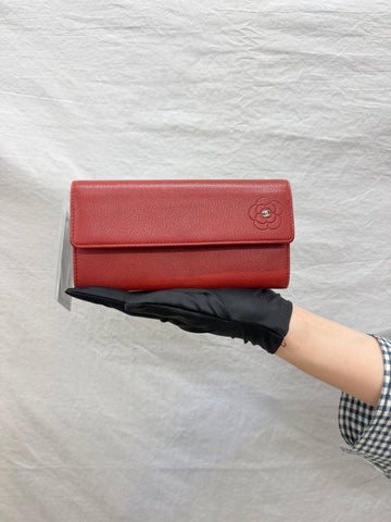 CHANEL 2012 CC Red Camellia Embossed Lambskin Trifold Long Wallet