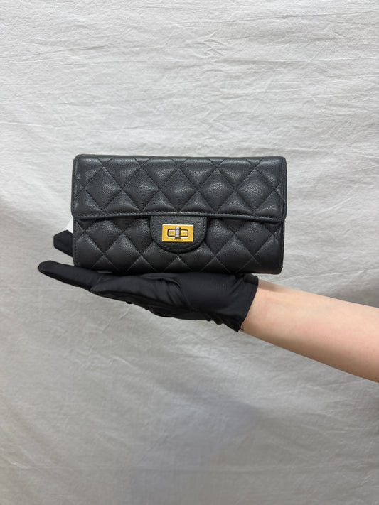 CHANEL Black Caviar Reissue 2.55 Quilted Long Flap Wallet