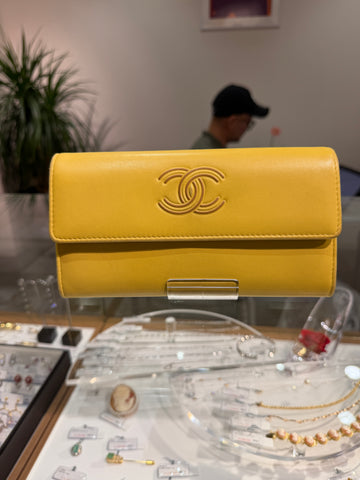 CHANEL Yellow Lambskin CC Long Trifold Wallet