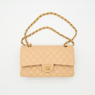 NEW CHANEL Medium Classic Flap Beige Clair Lambskin Quilted Gold Hardware Full Set