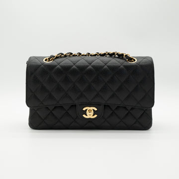 CHANEL Medium Classic Flap Black Caviar Gold Hardware Full Set