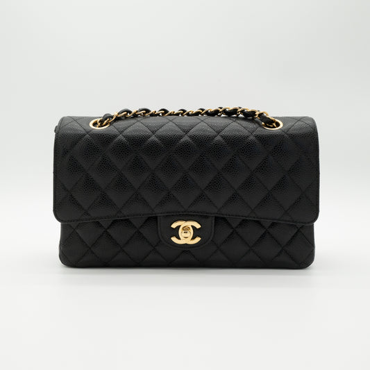 CHANEL Medium Classic Flap Black Caviar Gold Hardware Full Set