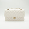 NEW CHANEL Medium Classic Flap White Caviar Quilted Light Gold Hardware Full Set