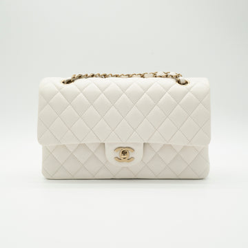 NEW CHANEL Medium Classic Flap White Caviar Quilted Light Gold Hardware Full Set