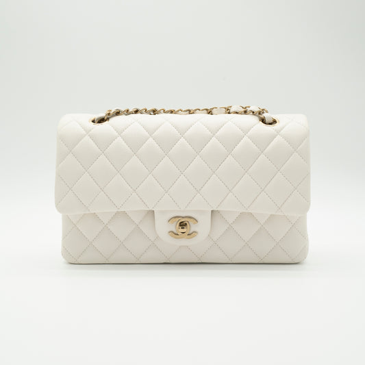 NEW CHANEL Medium Classic Flap White Caviar Quilted Light Gold Hardware Full Set