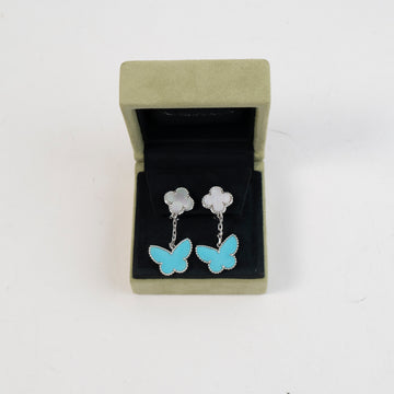 Van Cleef & Arpels Lucky Alhambra 2 Motifs Butterfly Earrings 18K White Gold with Mother of Pearl and Turqoise