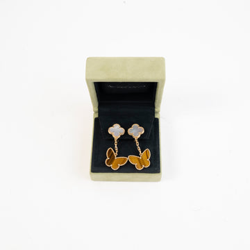 Van Cleef & Arpels Lucky Alhambra 2 Motifs Earrings 18K Yellow Gold with Mother of Pearl and Tiger Eyes
