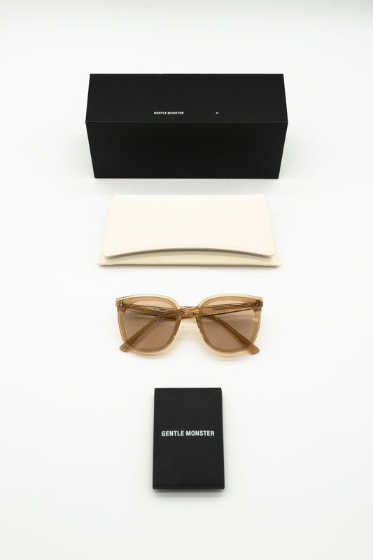 Sunglasses and black box with 'Gentle Monster' branding on a white background