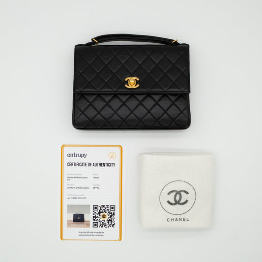 CHANEL Vintage Adjustable Top Handle Satchel Bag Lambskin Quilted 24K Gold Hardware