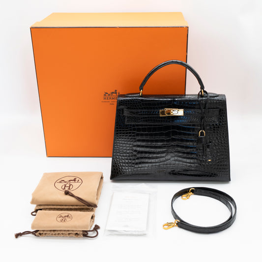 Hermès Black Shiny Porosus Crocodile Sellier Kelly 32 Gold Hardware 1997