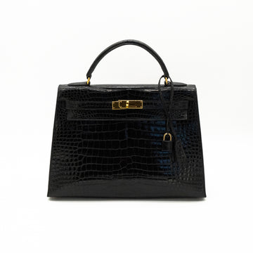 Hermès Black Shiny Porosus Crocodile Sellier Kelly 32 Gold Hardware 1997