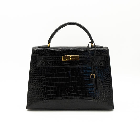 Hermès Black Shiny Porosus Crocodile Sellier Kelly 32 Gold Hardware 1997