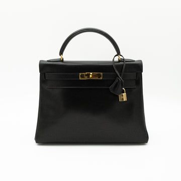 Hermès Vintage Noir Box Calf Kelly 32 Retourné Gold Hardware 1993