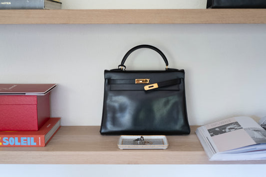 Hermès Vintage Noir Box Calf Kelly 32 Retourné Gold Hardware 1993