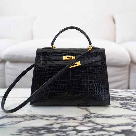 Hermès Black Shiny Porosus Crocodile Sellier Kelly 32 Gold Hardware 1997