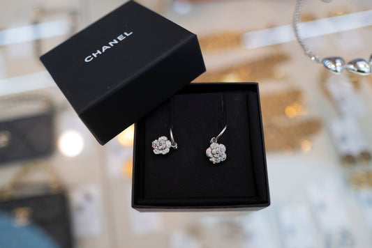 CHANEL Crystal Embellished Camellia Pendant Hoop Earrings