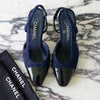 Chanel Navy Sequin Tweed Patent Cap Toe Slingback Pumps Size 36