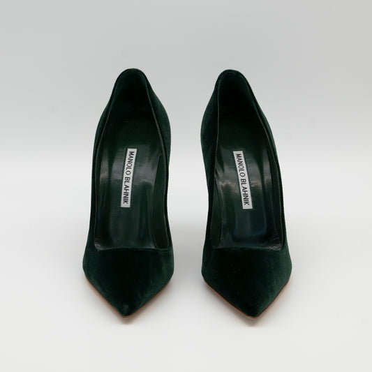 Manolo Blahnik BB 105 Pointed Toe Pumps in Dark Green Velvet Size 36