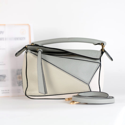 Loewe Mini Puzzle Leather Shoulder Bag White/Ash Grey/Marble Green